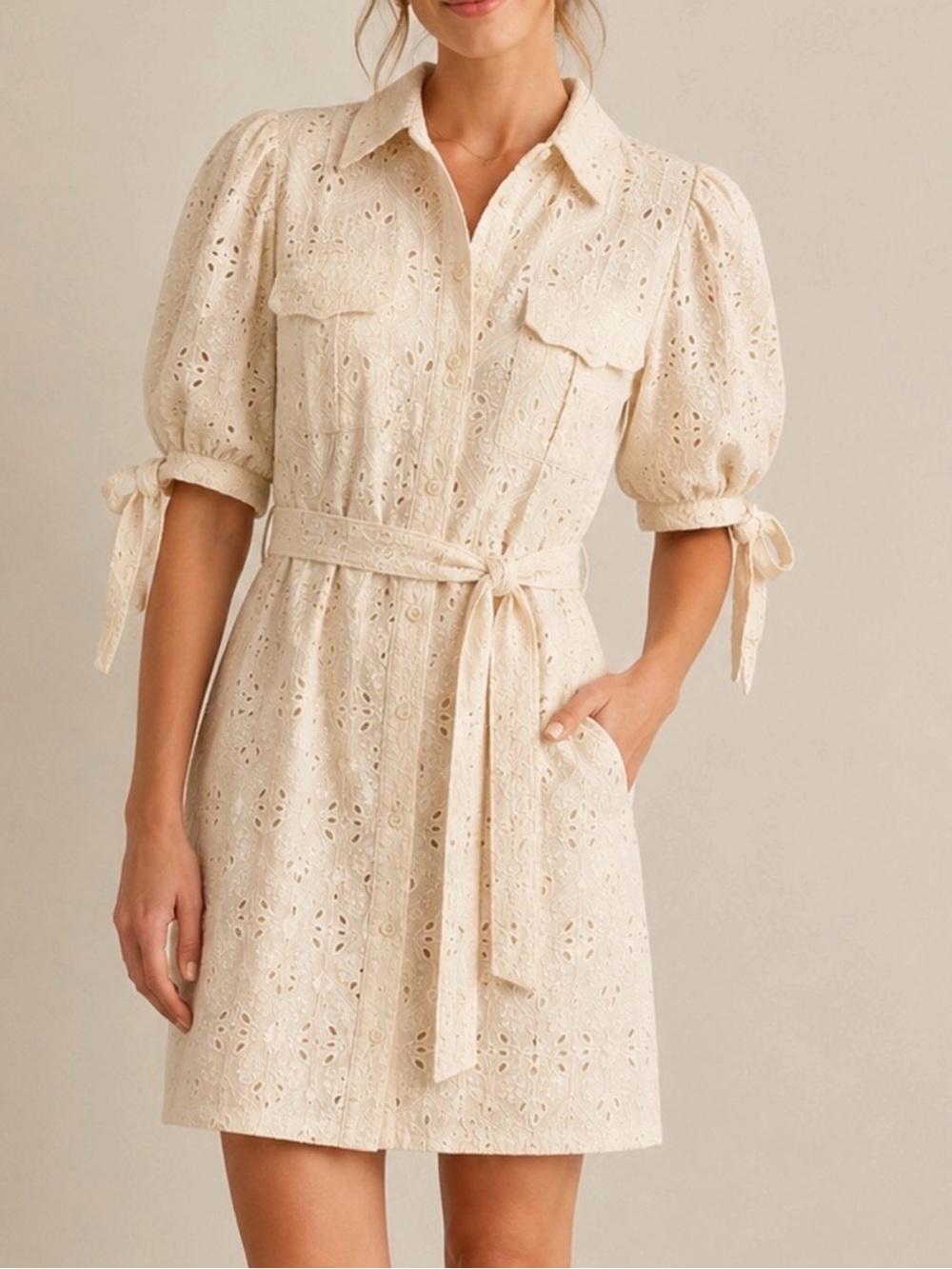 En Saison Ivory Eyelet Shirt Dress with Tie Details